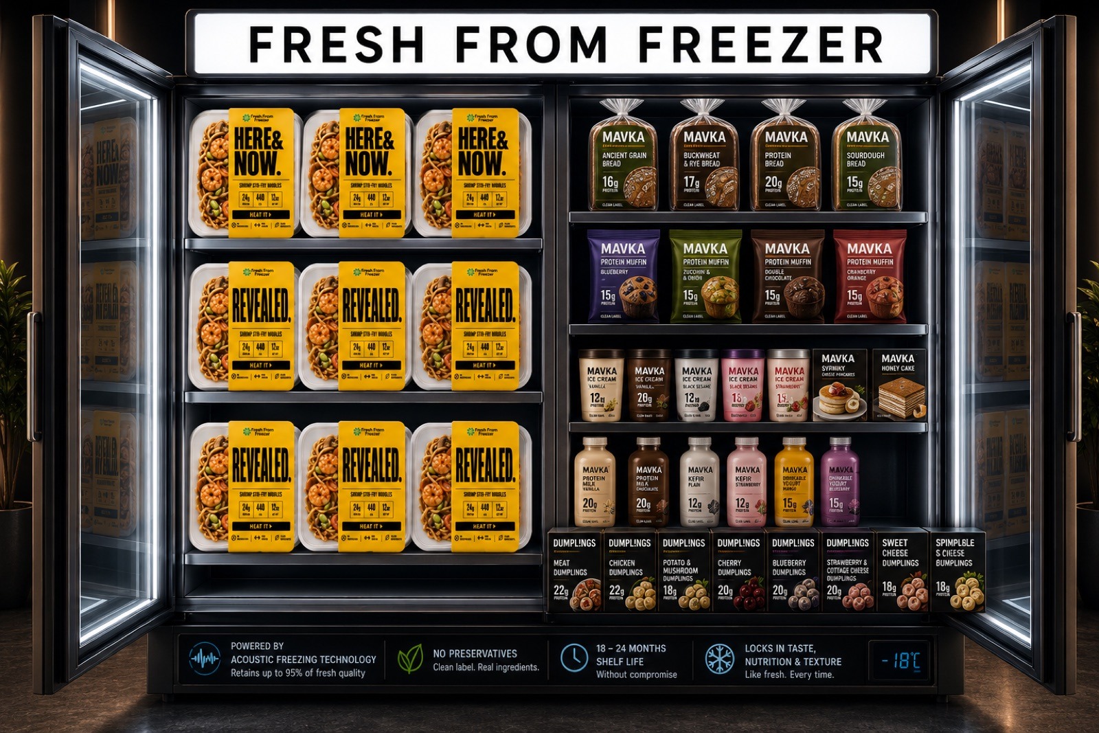 Fresh From Freezer branded freezer unit stocked with 5 Minute Gourmet meals, MAVKA breads, muffins, ice cream and dumplings